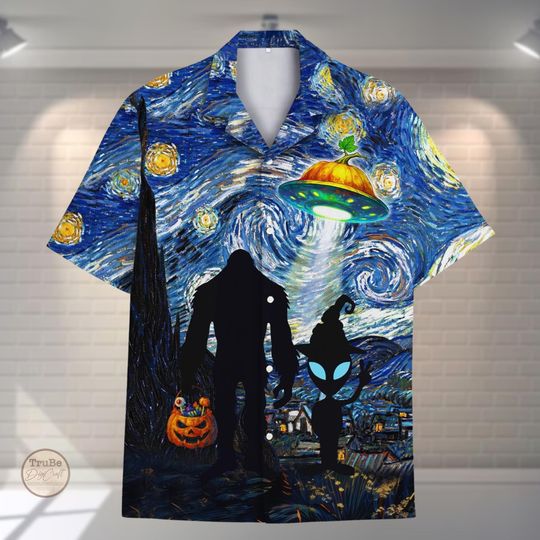 Discover Bigfoot Alien Halloween Hawaiian Shirt with UFO Pumpkin Aloha Print
