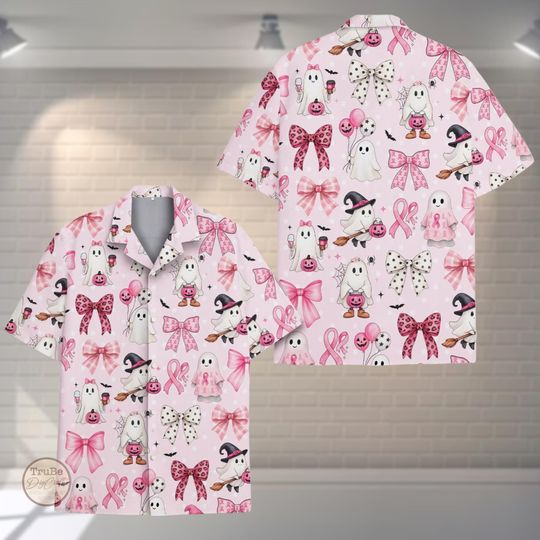 Discover Spooky Halloween Aloha Shirt Pink Ribbon Breast Cancer Awareness