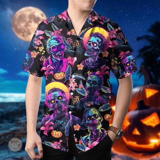 Discover Vintage Zombie Hawaiian Shirt Neon Tropical Aloha for Halloween Party