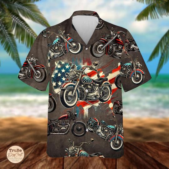 Discover Patriotic Motorcycle Hawaiian Shirt with American Flag Design, Retro Button-Up