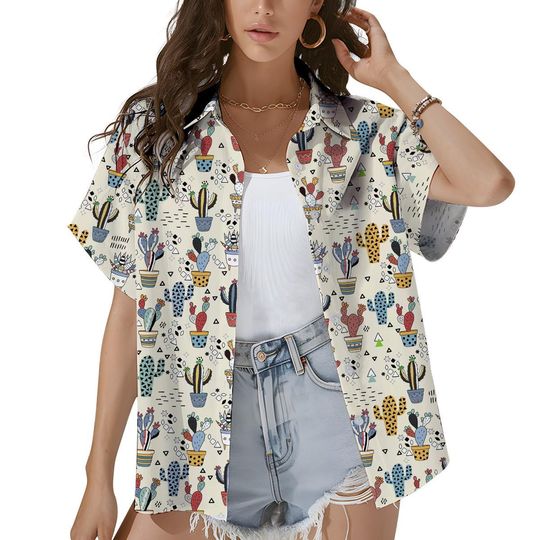 Discover Cute Cactus Hawaiian Shirt for Women, Summer Plant Lover Button Down, Boho Floral Vacation Top