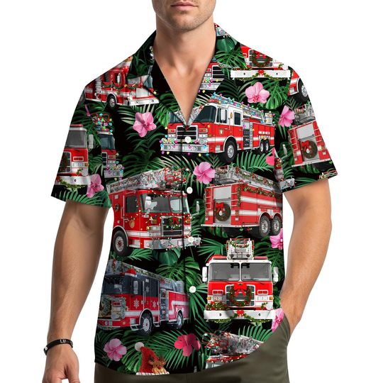 Discover Fire Truck Christmas Hawaiian Shirt Men Women Youth, Funny Firefighter Holiday Aloha Tee