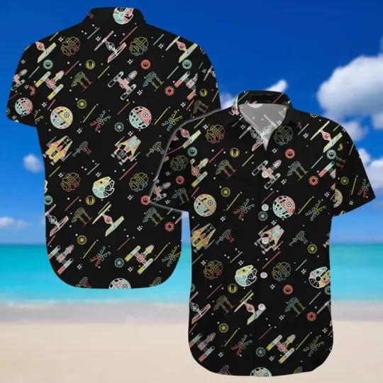 Discover Disney Star Wars Spaceship Aloha Tropical Black Hawaiian Shirt