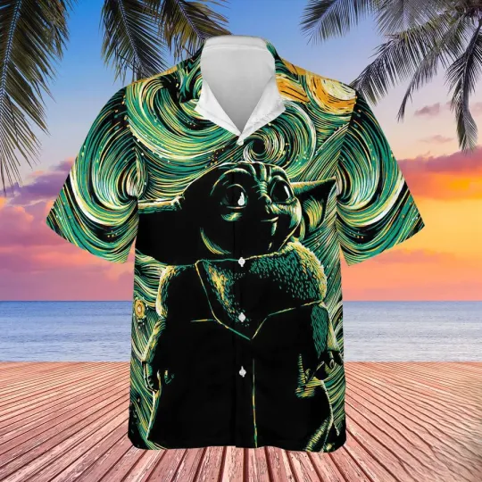 Discover Disney Star Wars Baby Yoda Night Art Green Hawaiian Shirt