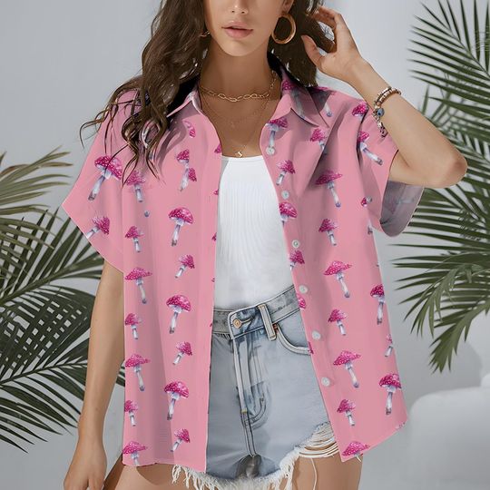Discover Pink Mushroom Hawaiian Shirt for Women, Cute Trippy Fungi Aesthetic Top, Psychedelic Mushroom Button Down Short Sleeve Shirt