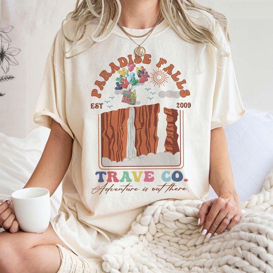 Discover Retro Disney Up Paradise Falls Est 2009 Travel Co Adventure is Out There Shirt, Disney Pixar Up Shirt, Disney Up House Balloons, Carl Ellie