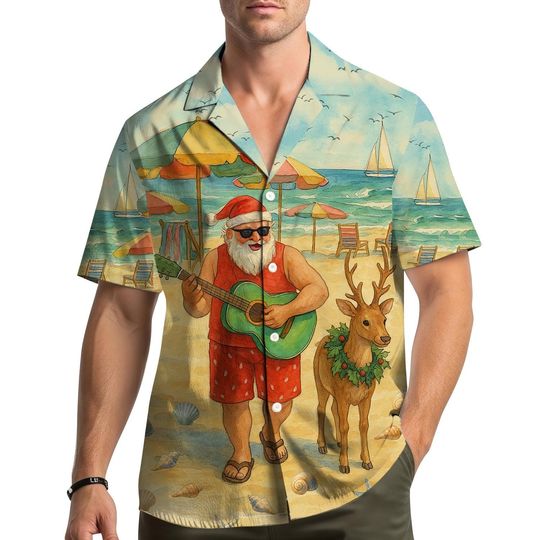 Discover Santa Beach Guitar Hawaiian Shirt Men Women Youth, Funny Xmas Holiday Aloha Shirt, Santa Claus Reindeer Christmas Button Down Shirt