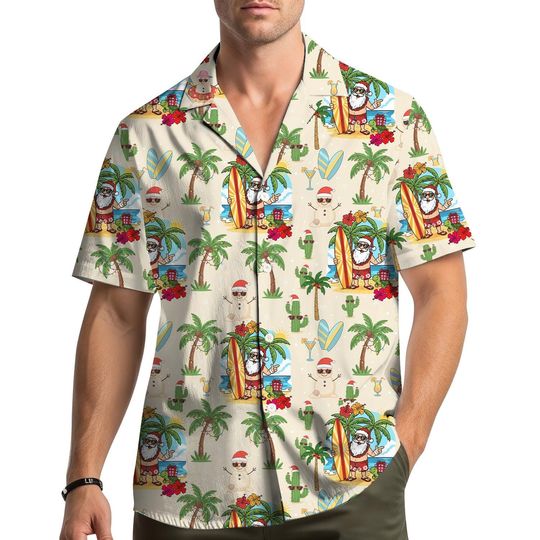 Discover Santa Beach Christmas Hawaiian Shirt Men Women Youth, Tropical Holiday Shirt with Reindeer and Snowman, Xmas Aloha Shirt Button Down