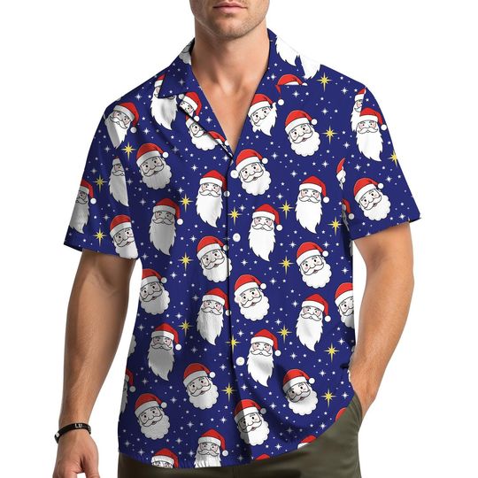 Discover Santa Face Hawaiian Shirt Men Women Youth, Holiday Festive Aloha Button Down