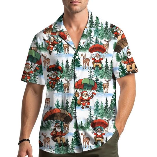 Discover Santa Parachute Christmas Hawaiian Shirt for Men and Women, Funny Holiday Aloha Button-Down
