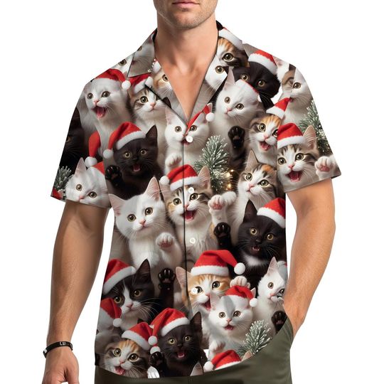 Discover Christmas Cat Hawaiian Shirt, Funny Holiday Button Down Shirt