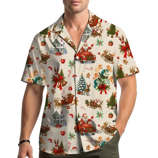 Discover Vintage Santa Christmas Hawaiian Shirt Men Women Youth, Retro Xmas Outfit with Sleigh and Tree