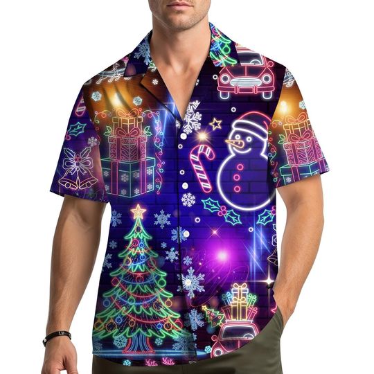 Discover Neon Christmas Hawaiian Shirt with Santa Claus, Holiday Party Outfit for Men and Women