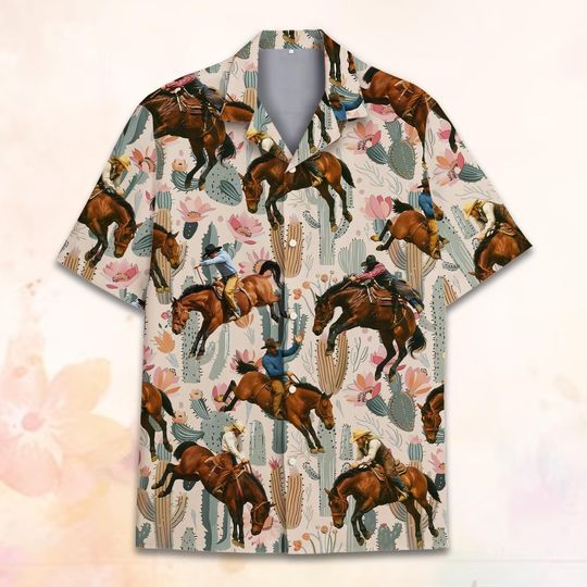 Discover Vintage Cowboy Hawaiian Shirt Men Women Youth Short Sleeve Aloha Western Horse Print