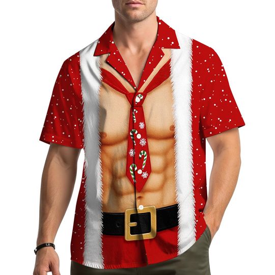 Discover Muscle Santa Hawaiian Shirt for Men, Holiday Abs Print Xmas Party Outfit