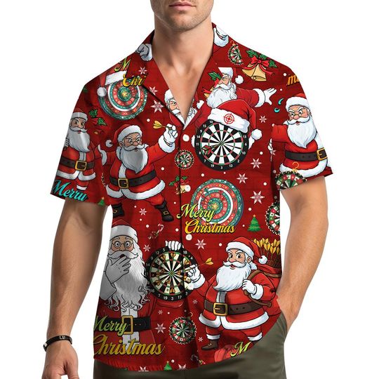 Discover Santa Darts Christmas Hawaiian Shirt Men Women Youth, Funny Holiday Aloha, Red Xmas Party Outfit