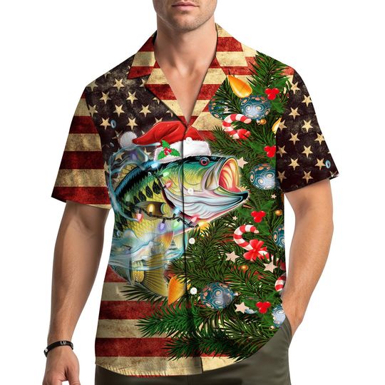Fishing Christmas Hawaiian Shirt, Aloha Shirt with Bass Fish and American Flag Print for Men