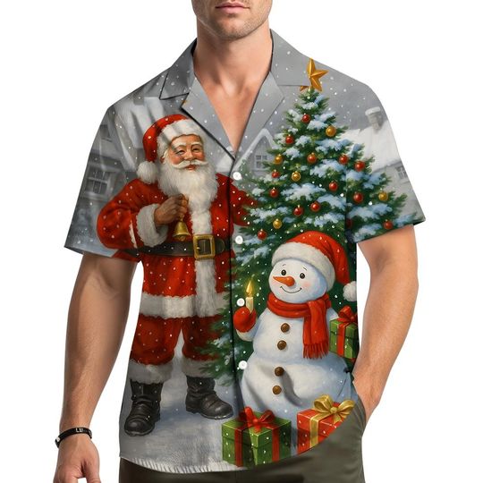 Discover Santa Christmas Hawaiian Shirt for Men and Women, Holiday Aloha Shirt with Snowman and Deer Print