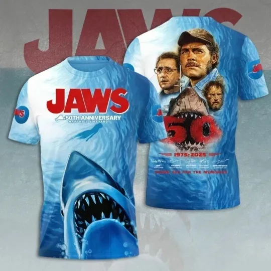 Jaws Movie 50 Years 1975-2025 Thank For The Memories 3D T Shirt Unisex
