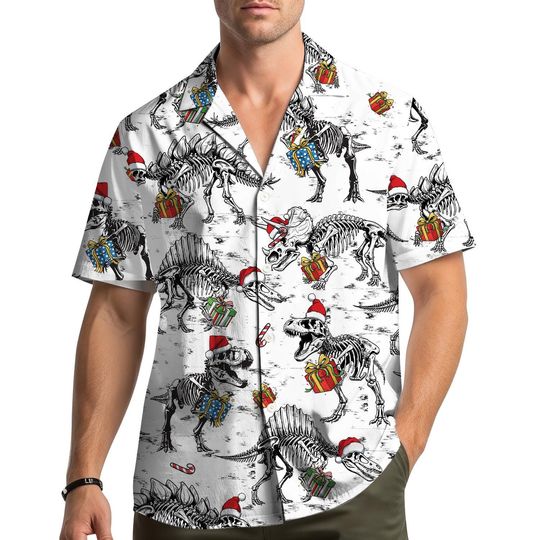 Discover Dinosaur Skeleton Christmas Hawaiian Shirt, Funny Xmas Fossil Print Aloha Shirt