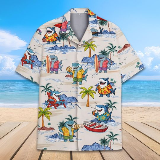 Discover Hawaiian Shark Surfing Shirt Men Women Youth Short Sleeve Aloha Beach Shirt