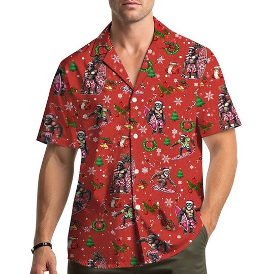 Bigfoot Surfing Christmas Hawaiian Shirt Men Women Youth, Funny Holiday Santa Aloha Shirt