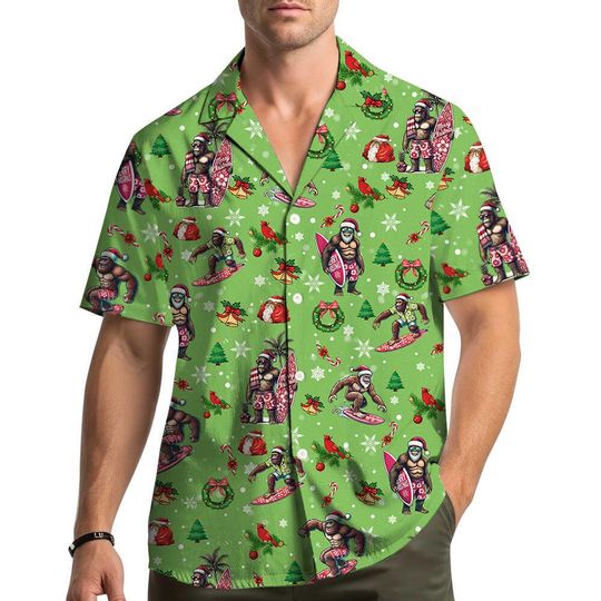 Discover Bigfoot Surfing Christmas Hawaiian Shirt Men Women Youth, Sasquatch Holiday Aloha Shirt