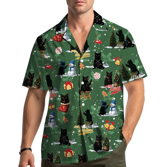 Christmas Cat Hawaiian Shirt, Santa Cat Xmas Tree Graphic for Men Women Youth