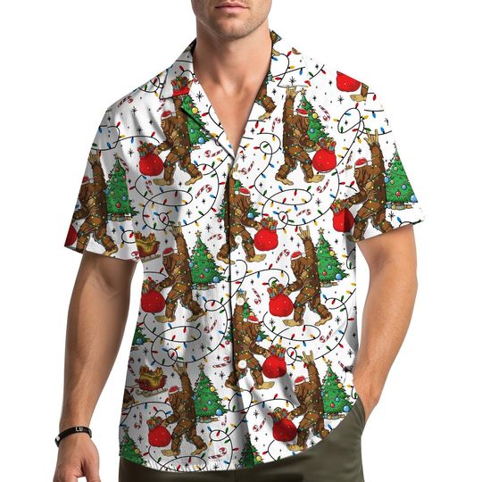 Discover Funny Bigfoot Christmas Hawaiian Shirt for Men and Women, Holiday Santa Sasquatch Print