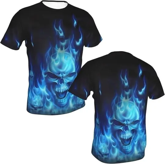 lue Flame Skull T-Shirt – Men’s Gothic Punk Rock 3D Graphic Tee, Gothic rock pun