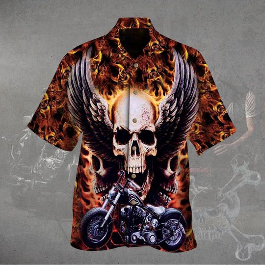 Discover Skull Flame Hawaiian Shirt with 3D Motorcycle Print, Summer Beach Button-Down