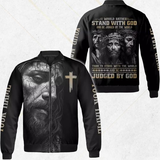 Discover Christian Bomber Jacket: Jesus Face, Cross, Stand With God Quote
