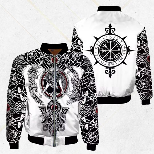 Viking Vegvisir Bomber Jacket with Norse Wolves and Celtic Knot Design