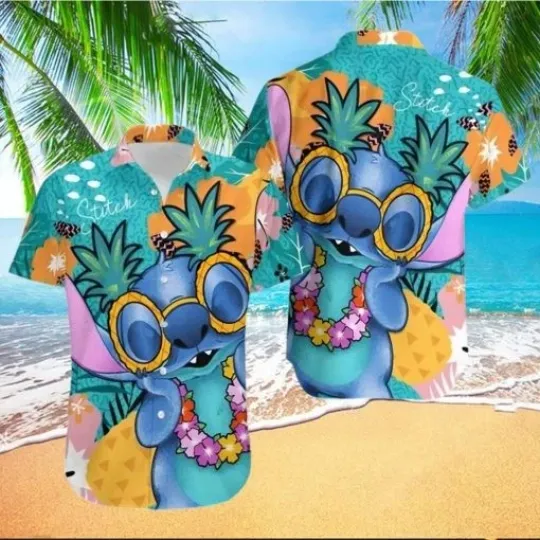 Discover Disney Hawaiian Shirt Summer Beach Stitch Green Yellow Blue Floral Disney Aloha