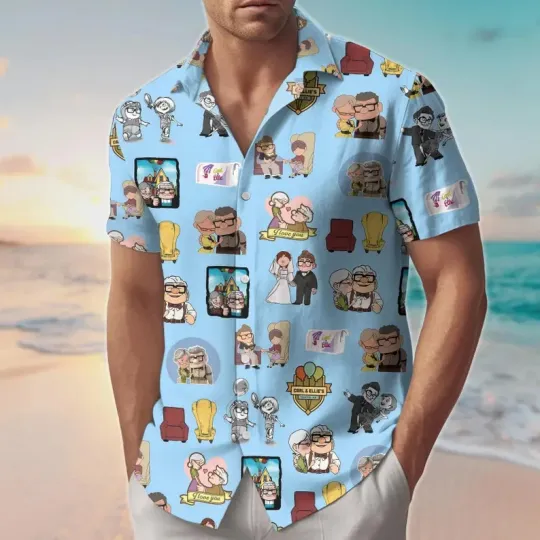 Discover Disney Up Carl And Ellie Couple Romantic Adventure Blue Hawaiian Shirt