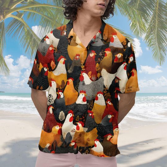 Discover Chicken Hawaiian Shirt Farm Pattern Button-Down Tropical Style
