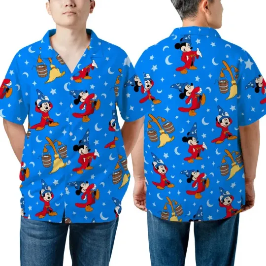 Discover Disney Sorcerer Mickey Mouse Broom Classic Fantasia Blue Hawaiian Shirt