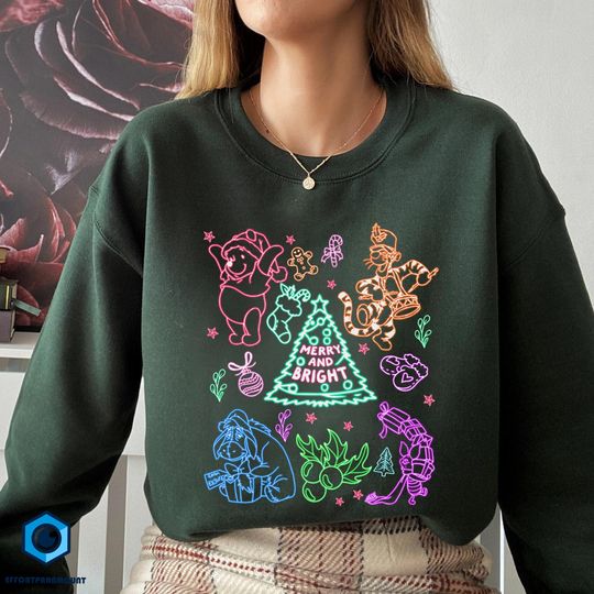 Winnie the Pooh Merry and Bright Neon Christmas Shirt, Pooh and Co Xmas Shirt, Classic Pooh Bear Christmas Shirt, Family Christmas Party