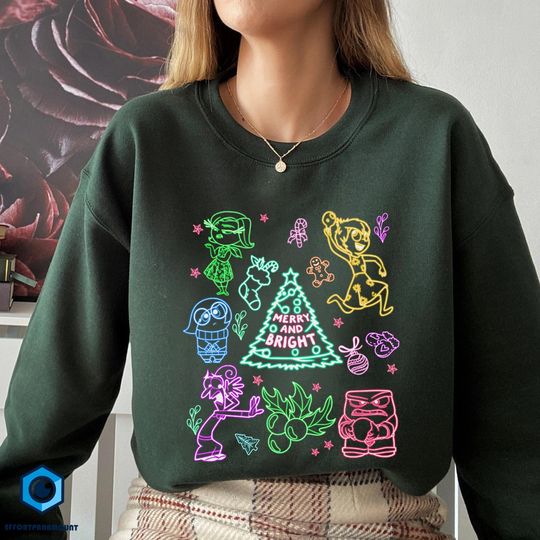 Discover Inside Out Merry and Bright Neon Christmas Shirt, Inside Out Xmas Shirt, Inside Out Joy Anger Sadness Christmas Shirt,Family Christmas Party