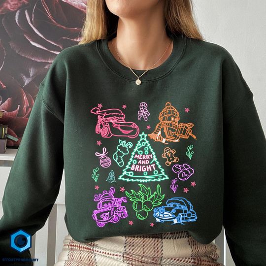 Discover Cars Movie Neon Christmas Shirt, Merry and Bright Christmas Season Shirt, Lightning Mcqueen Christmas Shirt, Cars Land Christmas Shirt
