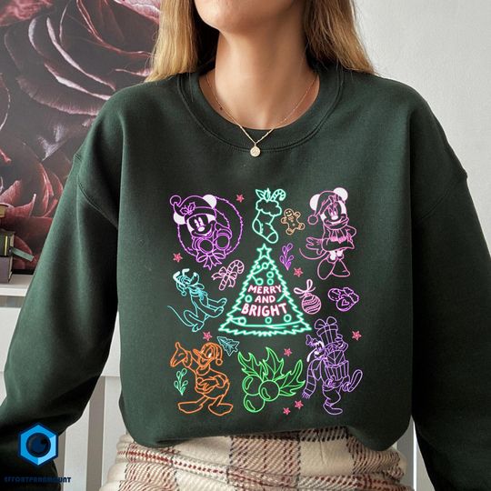 Discover Mickey and Friends Neon Christmas Shirt, Merry and Bright Christmas Season Shirt, Mickey's Very Merry Christmas, Disneyland Christmas Shirt