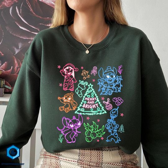 Discover Stitch Neon Christmas Shirt, Lilo and Stitch Christmas Shirt, Merry and Bright Christmas Season Shirt, Disneyland Stitch Christmas Shirt