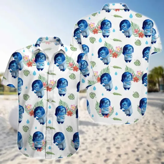 Discover Disney Inside Out Sadness Tropical Leaves White Hawaiian Shirt