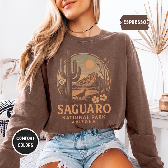 Discover Vintage Saguaro National Park Long Sleeve Tee, Retro Comfort Colors Shirt, Unisex Garment-Dyed Top, Nature Lover Gift, Southwest Cactus Tee,