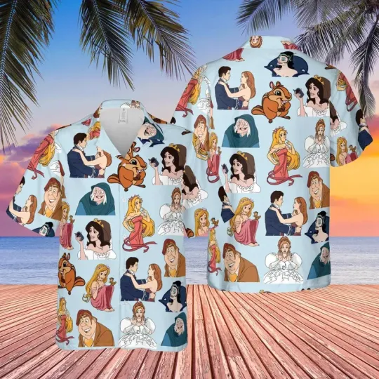 Discover Disney Enchanted Princess Fairy Tale Fantasy Tropical Summer Blue Hawaiian Shirt