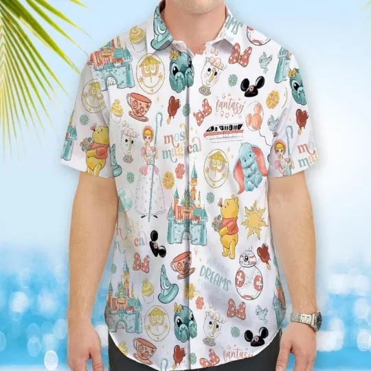 Discover Disney World Macgical Kingdom Funny Characters White Hawaiian Shirt