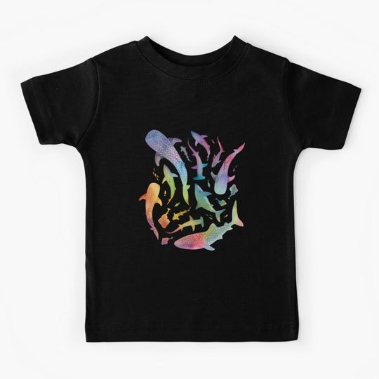 Rainbow shark ocean on black Kids T-Shirt