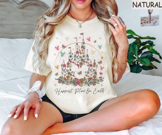 Discover Retro Disney Castle Floral Shirt, Vintage Disney Shirt, Happiest Place on Earth Shirt , Magic Kingdom Shirt, Disneyland Family Trip Tee