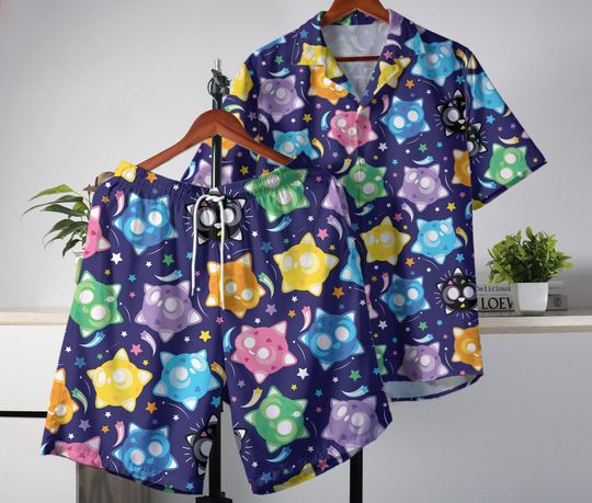 Mini Hawaiian Shirt Tropical Button-Up, Summer Hawaiian Shorts Set, Cute Sprite Hawaii Shirt