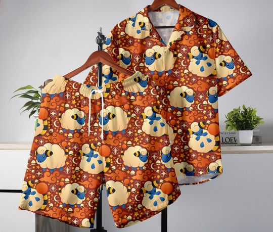 Discover Mareep Hawaiian Shirt and Shorts Set for Summer, Matching Beach Vacation Outfit, Mareep Gift